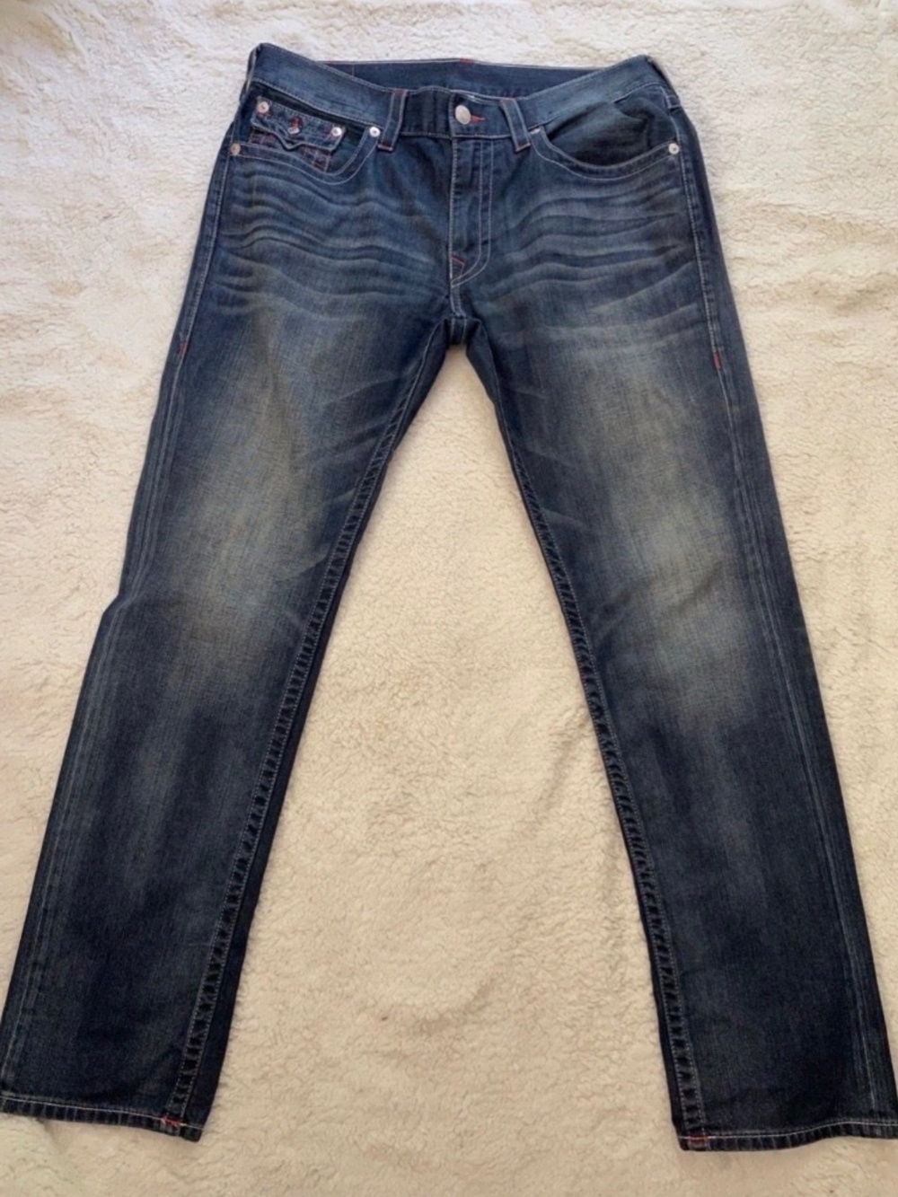 True Religion Men’s Skinny Jeans Size 36 Dark Wash Red Stitch Flap Pocket